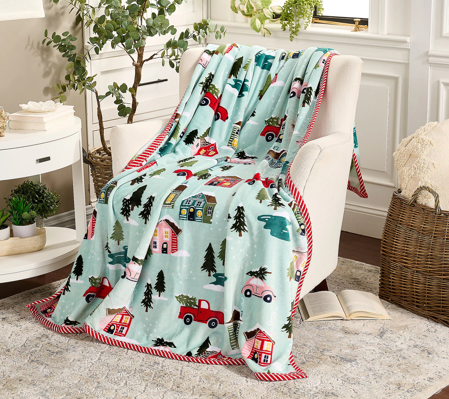 Kringle Express Deluxe Holiday Throw Blanket with Festive Border