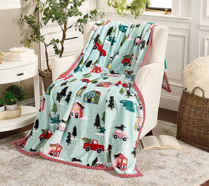 Kringle Express Deluxe Holiday Throw Blanket with Festive Border